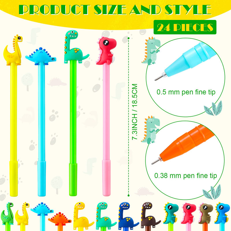 [Australia - AusPower] - 24 Pieces Cute Dinosaur Black Ink Pens Cartoon Writing Gel Ink Pens Animal Writing Fun Office Supplies Cute School Supplies Set for Writing Kawaii Dinosaur Stationery for Girls Teens Women Boys 