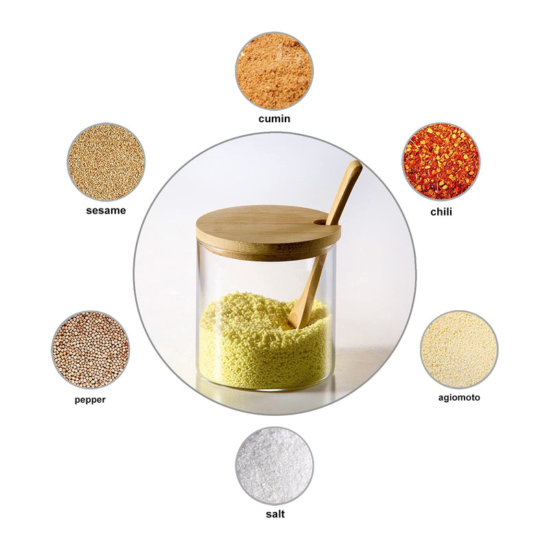 [Australia - AusPower] - 300ML/10Oz Clear Glass Jar with Bamboo Lid and Wooden Spoon, Cute Sugar Bowl Bath Salt Storage Canister Seasoning Container Condiment Pot with Scoop for Spice, Pepper for Kitchen, Table, Countertop 1 