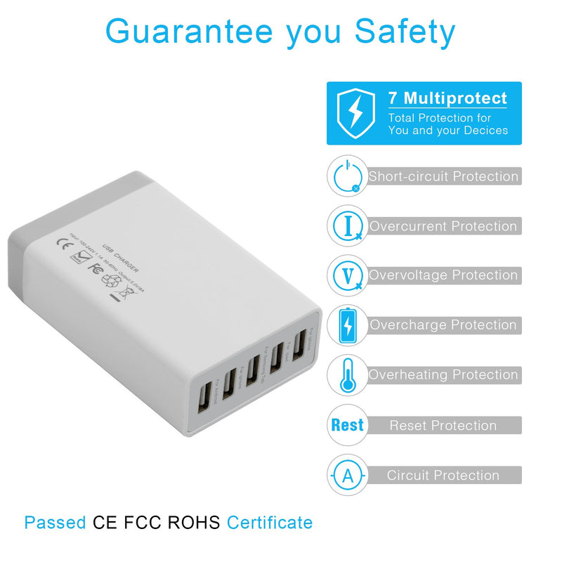 [Australia - AusPower] - 5 Port USB Wall Charger Hub, 40W 8A, Desktop USB Charging Station for Multiple Devices, Multi Ports USB Charger for Phones, Tablets and More 