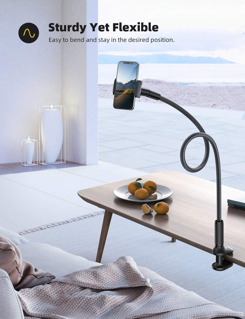 [Australia - AusPower] - Lamicall Gooseneck Phone Holder for Bed - Overall Length 38.6in, Flexible Leather Wrapped Arm, 360 Adjustable Clamp Clip, Overhead Cell Phone Mount Stand for Desk, Compatible with All Cellphone (4-7”) Black 