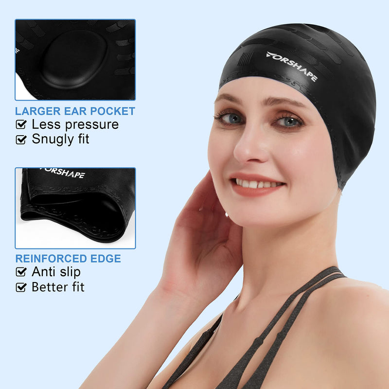 [Australia - AusPower] - Vorshape Unisex Swim Caps Cover Ears (2 Pack), Flexible Silicone Swimmer Caps for Long Hair Swimming, 3D Ergonomic Fit for Man & Women, 5 Colors 