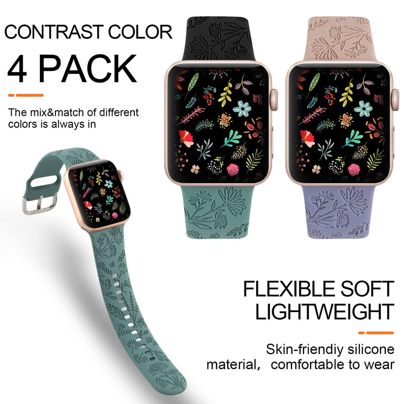 [Australia - AusPower] - 4 Pack Sport Band Compatible with Apple Watch Bands 38mm 40mm 41mm, Floral Engraved Soft Silicone Fancy Cute Flower Fadeless Pattern Replacement Strap for iWatch Series SE 7 6 5 4 3 2 1 Women 42/44/45mm Black Milk Tea 
