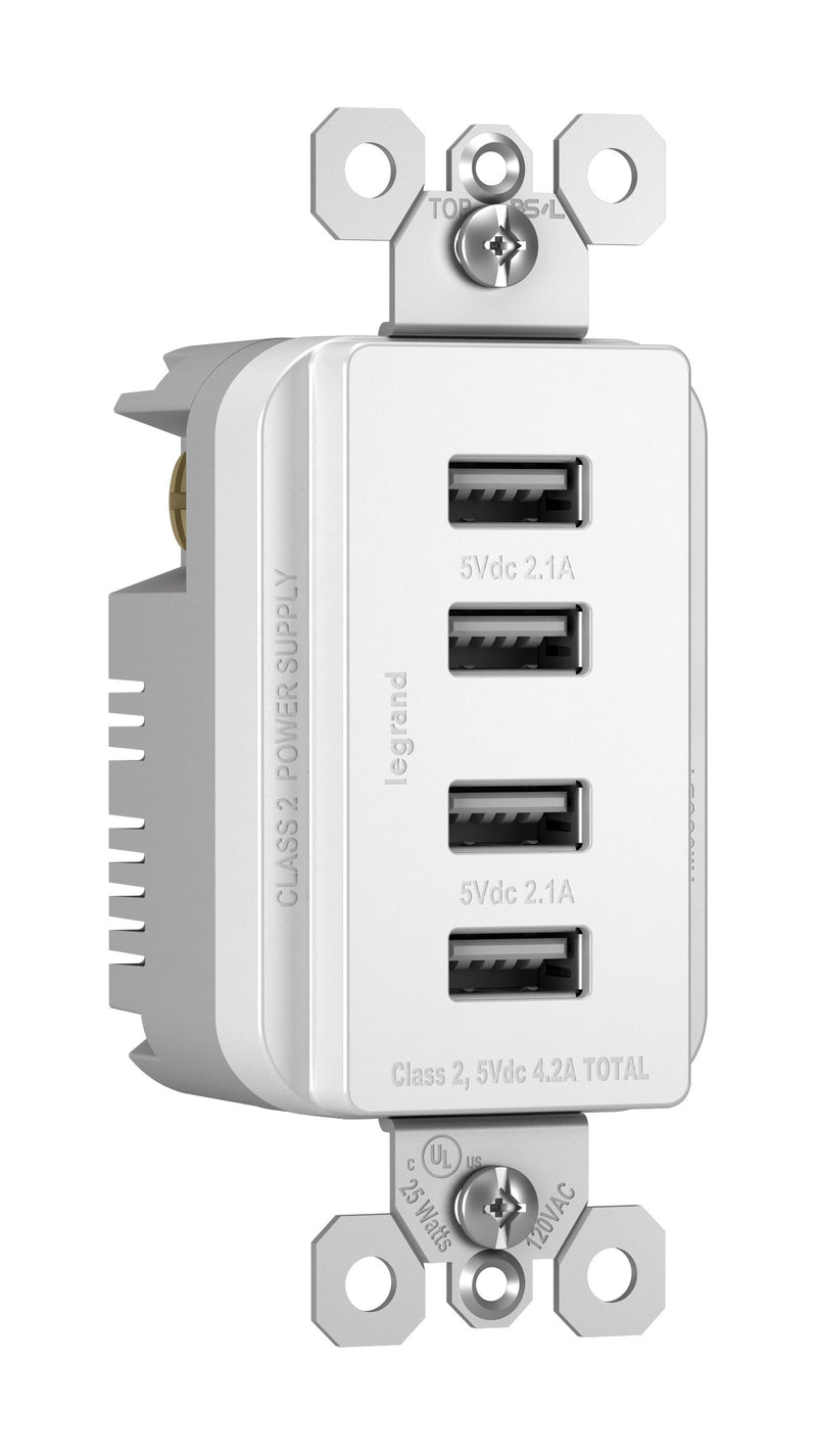 [Australia - AusPower] - Legrand Radiant 15 Amp Decorator Wall Outlet with 4.2 Amp USB Charger, Quad, Multi Port Charging Station, White, TM8USB4WCC6 