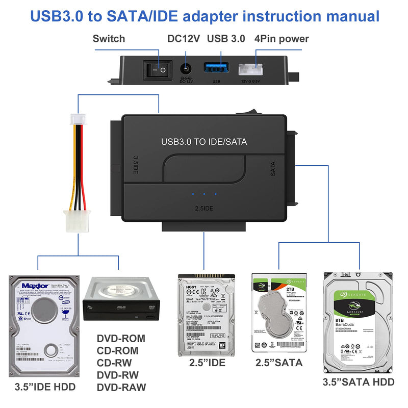[Australia - AusPower] - USB 3.0 to SATA IDE Hard Drive Reader, YINNCEEN External Hard Drive Converter Universal Hard Drive Adapter Kit for 2.5/3.5 HDD/SSD Hard Drive Disk, Include 12V/2A Power Adapter BlackTwo 