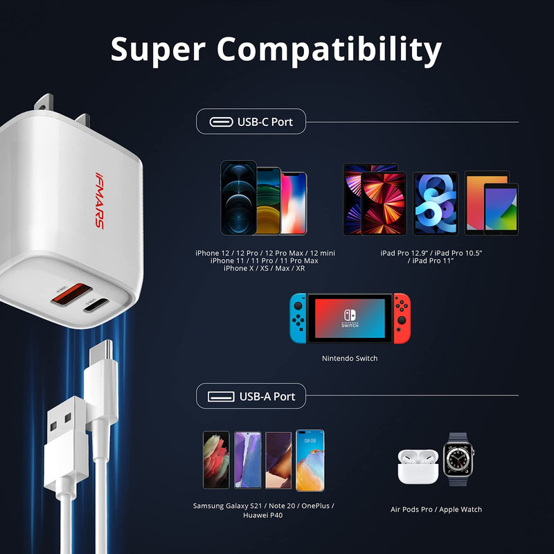 [Australia - AusPower] - iPhone 12 13 Fast Charger, iFMARS 20W Dual Port USB C Charger with 6FT Lightning Cable【Apple MFI Certificated】,PD/QC 3.0 Wall Charger Power Adapter Compatible with iPhone 12/13 Pro Max, AirPods,iPad 