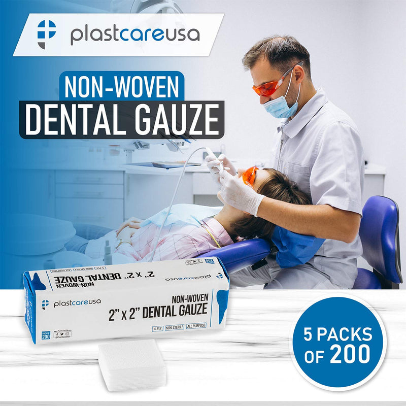[Australia - AusPower] - 1000 4 Ply 2x2 Inch Non Woven Sponges, Non Sterile Dental Gauze, Esthetic Wipes, 5 Packs of 200 200 Count (Pack of 5) 