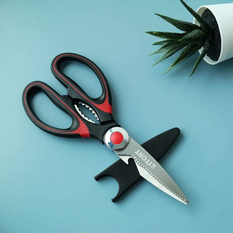 [Australia - AusPower] - KITORY Kitchen Shears Multi-Purpose Kitchen Scissors Ultra Sharp Heavy Duty Sissors with Sheath for Poultry/Chicken/Fish/Meat/Veggies/Office/BBQ Nut cracker Bottle Opener - Red&Black 