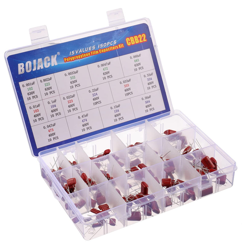 [Australia - AusPower] - BOJACK 15 Values 150 Pcs Metallized Polypropylene Film DC Capacitor 400V/0.01uF ~ 0.56uF 630V/ 0.001uF ~ 0.068uF Assortment Kit 