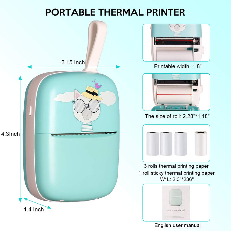 [Australia - AusPower] - Pocket Printer Mini Portable Sticker Thermal Label Printer for iOS Android PEEWF Mini Receipt Printer for Phone Bluetooth Wireless Instant - 4 Thermal Roll for Kids 