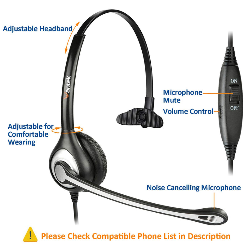 [Australia - AusPower] - Wantek Corded Telephone RJ9 Headset Monaural with Noise Canceling Microphone for Call Center Telephone Systems with Plantronics M10 M12 M22 MX10 Amplifiers or Cisco 7942 7971 Office IP Phones(F600C1) Monaural F600C1 