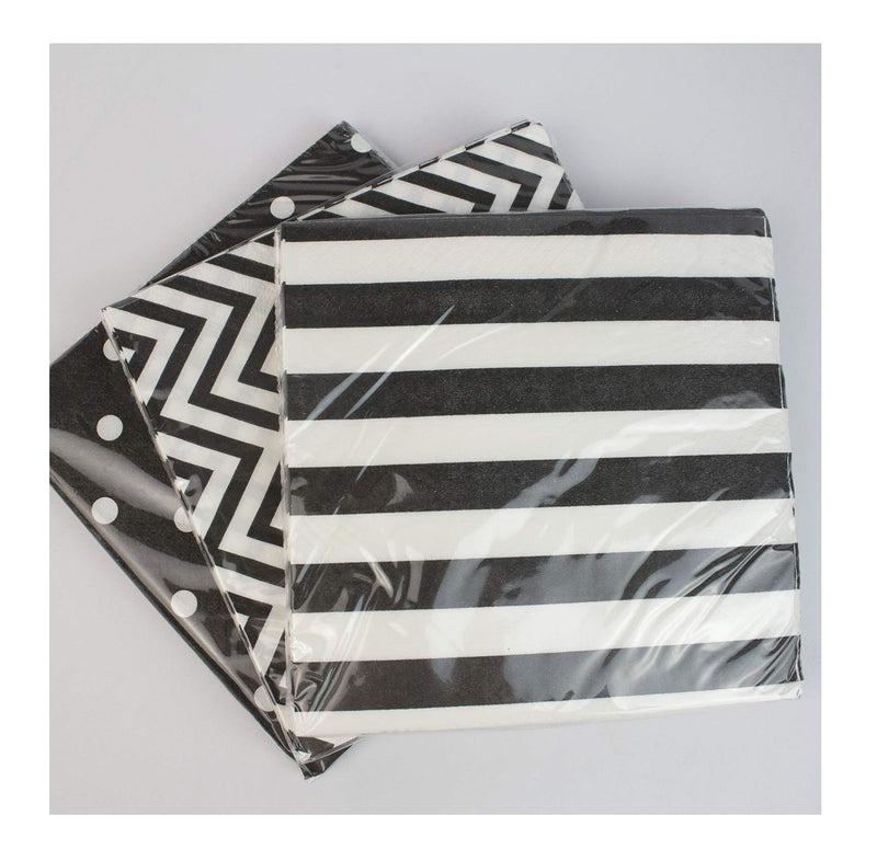 [Australia - AusPower] - Anyneo Disposable 2-ply Party Napkins, Striped Chevron Polka Dot Paper Beverage Napkins for Birthday, Christmas or Anniversary Celebration, Cocktail Beverage Napkins 60-Count,13" x 13" Black 