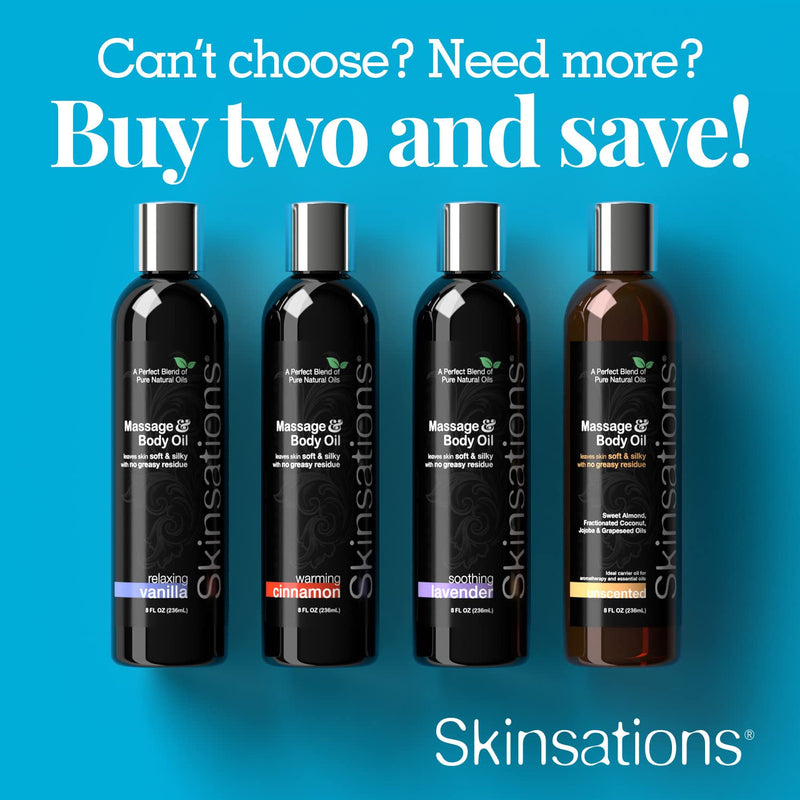 [Australia - AusPower] - Skinsations - Massage & Body Oil - Vanilla 8oz | Soothing Blend of Edible Sweet Almond, Fractionated Coconut, Grape Seed & Jojoba Oils with an Enticing Vanilla Scent 8 Fl Oz (Pack of 1) 