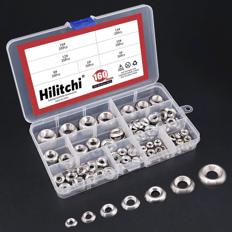 [Australia - AusPower] - Hilitchi 304 Stainless Steel [#4 - #16] Finishing Cup Countersunk Washer Assortment Set - 160 Pieces 