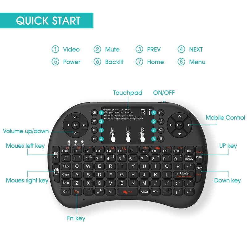 [Australia - AusPower] - Rii 2.4GHz Mini Wireless Keyboard with Touchpad＆QWERTY Keyboard, Backlit Portable Keyboard with Remote Control for Laptop/PC/Tablets/Windows/Mac/TV/Xbox/PS3/Raspberry Pi .(Black) 