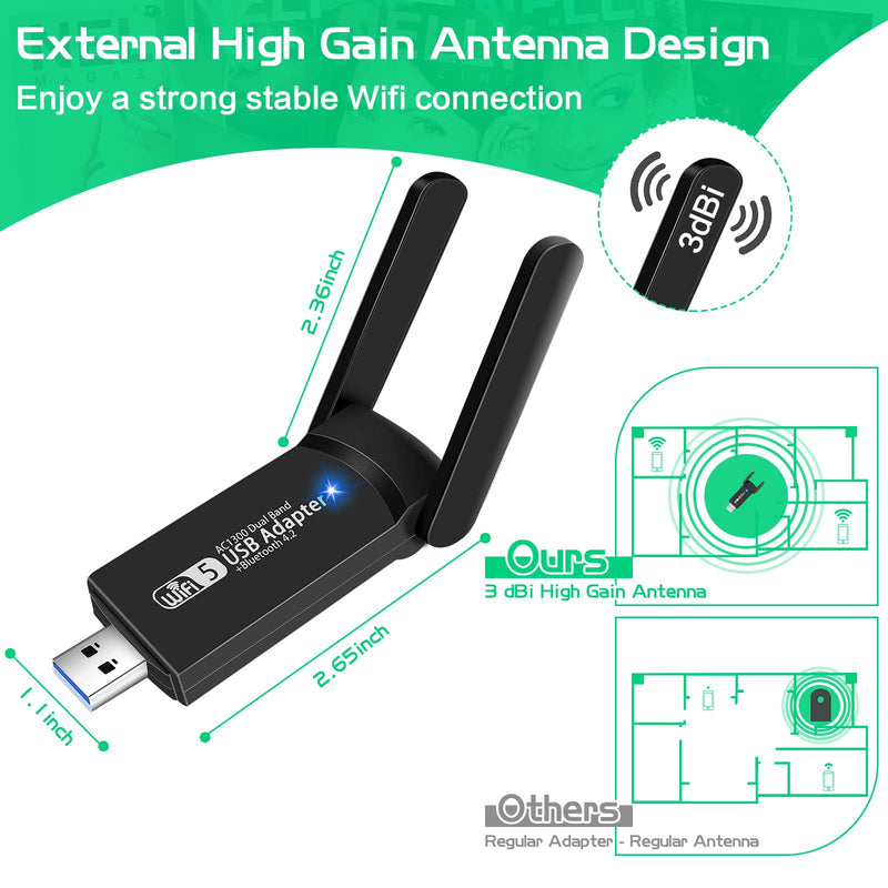 [Australia - AusPower] - USB WiFi Bluetooth Adapter, 1300Mbps Dual Band 2.4/5Ghz Wireless Network External Receiver, Mini WiFi Dongle for PC/Laptop/Desktop 