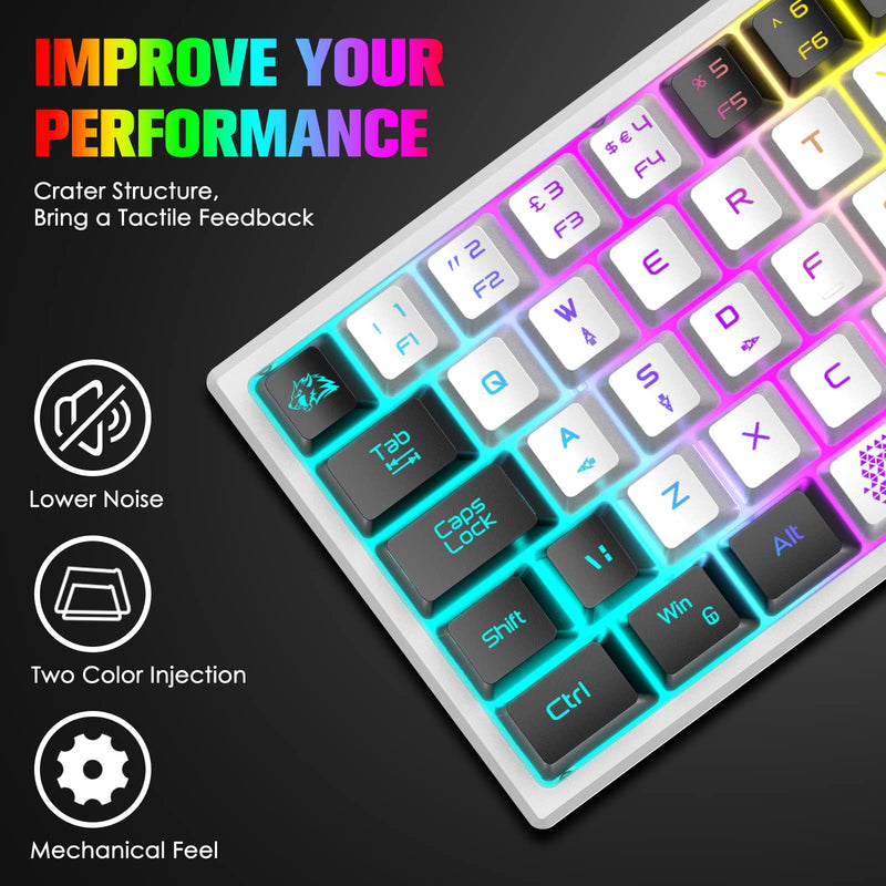 [Australia - AusPower] - ZIYOU LANG K61 60% Gaming Keyboard Mini Portable with Rainbow RGB Backlit Compact Ergonomic 62Key Layout Anti-ghosting Mechanical Waterproof Wired for PC Mac Windows Gamer Laptop Typists(White+Black) White+Black 