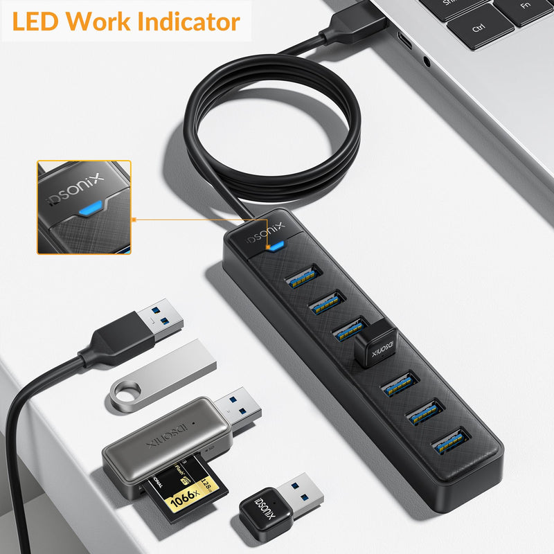 [Australia - AusPower] - iDsonix 7 Prots USB Hub 3.0 [3.3Ft] USB Expander Hub 5Gbps USB Splitter Multiport Adapter, USB Hub Long Cable for PC, Laptop, Flash Drive, Mobile HDD, Windows/XPS, 1m 3.3Ft（100cm） 