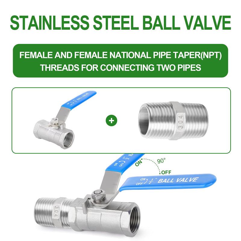 [Australia - AusPower] - TAISHER 4 Pcs 1/2 Inch FNPT Heavy Duty Ball Valve Kit, 304 Stainless Steel with Blue Handles & Nipple 1/2" FNPT 