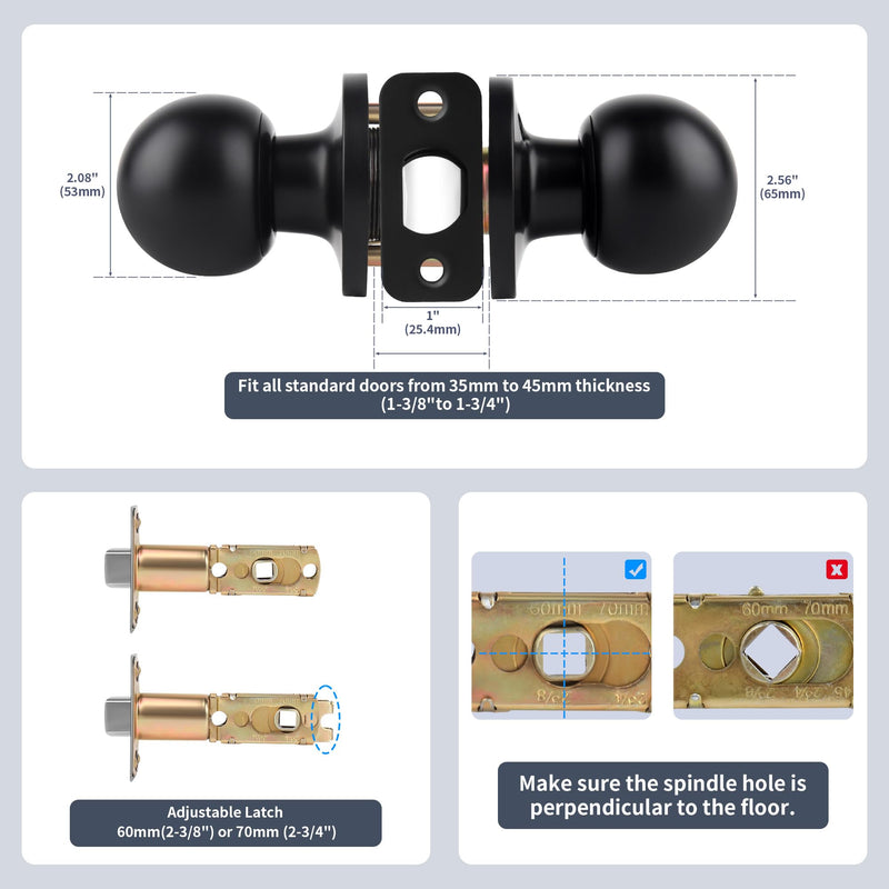 [Australia - AusPower] - Moquin Round Ball Style Passage Door Knob, No Lock Interior Door Knob, Keyless Doorknob for Hall Closet Pantry, Matte Black Finish 1 Pack Passage-NO Lock & NO Key 