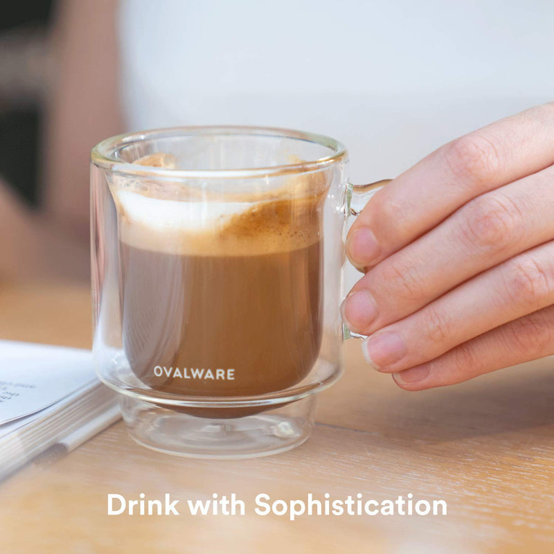 [Australia - AusPower] - OVALWARE RJ3 Espresso Coffee Glass Cups 4oz/120ml (Set of 2) Double Walled Glass Cup w/ Solid Butterfly Handle- Elegant Borosilicate Espresso Shot Mug - Stackable Insulated Transparent Demitasse Glass 2 Count (Pack of 1) 