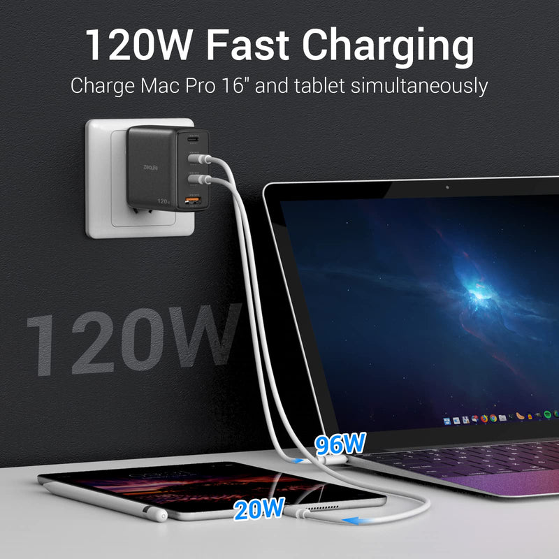 [Australia - AusPower] - Zealife 120W USB C Charger, 4-Port GaN III Wall Charger Block Foldable Power Adapter Compatible with MacBook Pro/Air, iPad, iPhone, Galaxy and Etc 