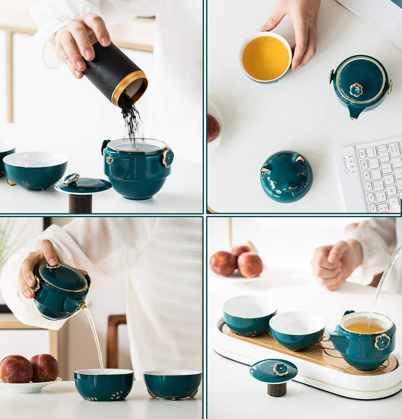 [Australia - AusPower] - Portable Ceramic Tea Cup Set: Lucky Cat Porcelain Teapot Set with Tea Strainer - Lids and 1 Shockproof Storage Case - Suitable for Travel - Outdoor Picnic - Office Work - Home - Green 