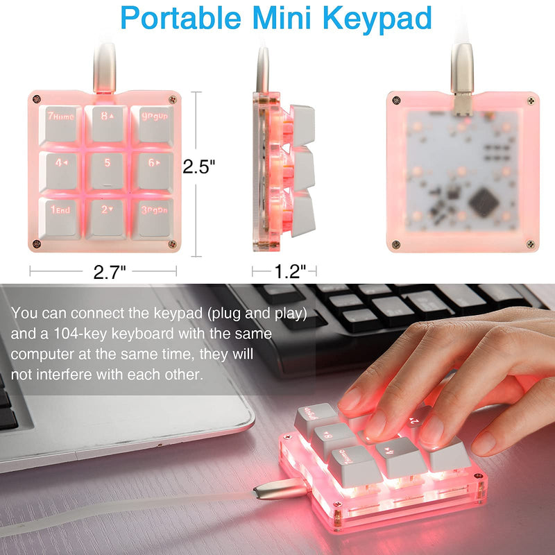 [Australia - AusPower] - Koolertron One Handed Macro Mechanical Keyboard, RGB LED Backlit Portable Mini One-Handed Mechanical Gaming Keypad OSU! Keyboard 9 Fully Programmable Keys White/Red Switches/Pink LED 