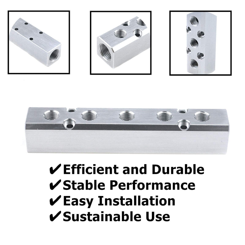 [Australia - AusPower] - Quluxe 1 Pack 5 Ways Aluminum Alloy Pneumatic Manifold Air Distribution Block, G1/2 Supply Port, G1/7-Inch Output Port, Silver 5 Way 7 Port 