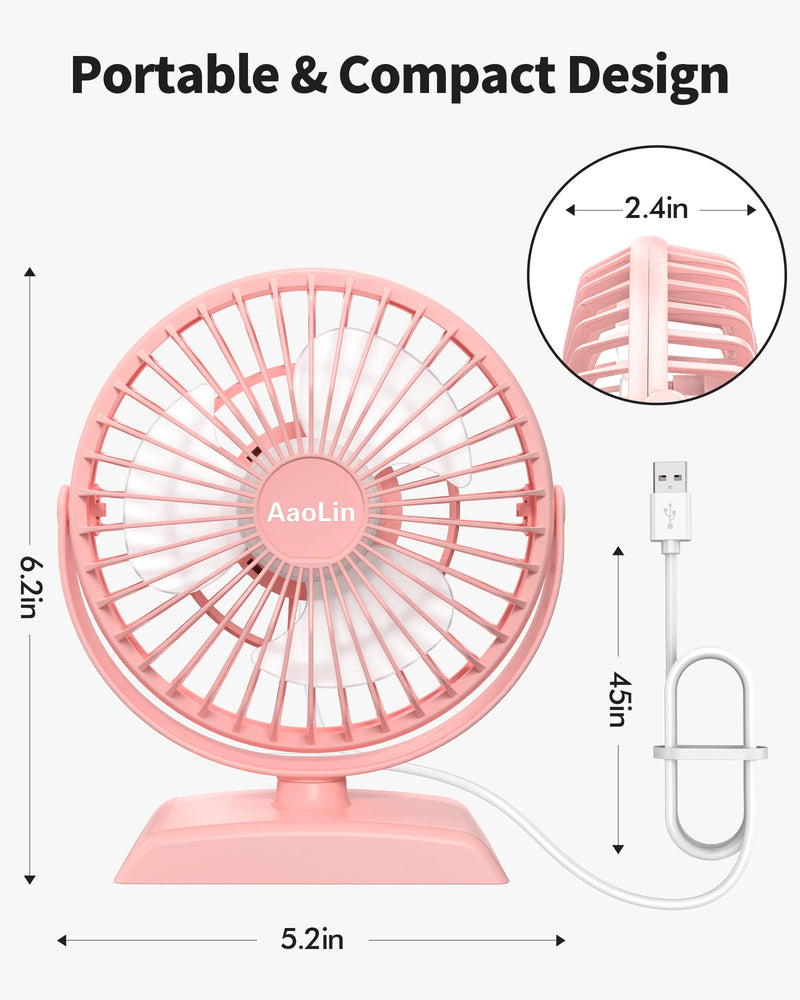 [Australia - AusPower] - AaoLin Desk Fan, USB Small Fans with 3 Speeds Strong Airflow, Quiet Portable, 360° Rotation Personal Table Fan for Home,Office, Bedroom Desktop Pink 