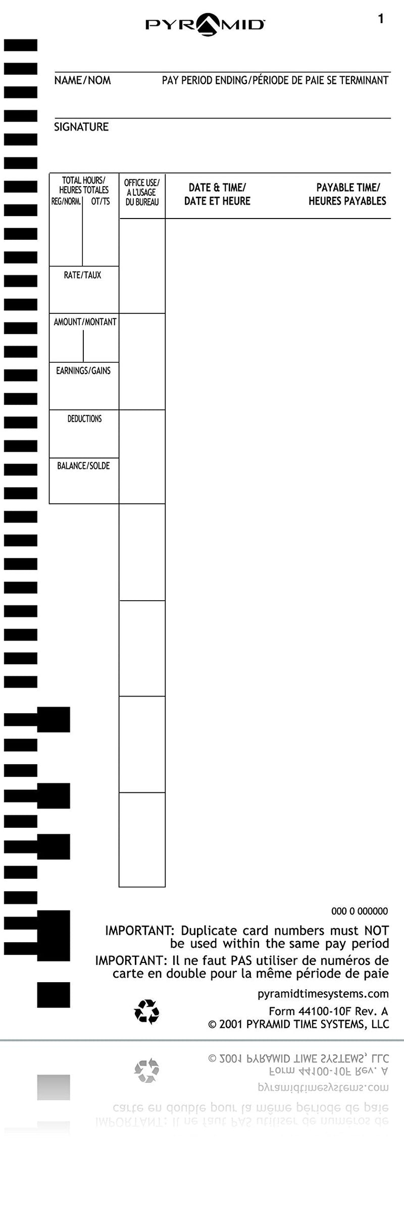 [Australia - AusPower] - Pyramid Time Systems, 44100-10F, Genuine and Authentic English and French Time Cards for Pyramid Models 4000, 4000ProK, 4000HD, 4000Pro, 5000 & 5000HD Clocks, 100 Pack, Time Cards 