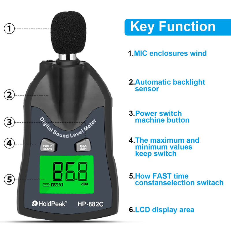 [Australia - AusPower] - HOLDPEAK 882C Decibel Meter,Digital Sound Level Meter 30-130dBA,Noise Volume Measuring Instrument Decibel Monitoring Tester,Max/Min Hold Data,Sensor LCD Backlight Display(Battery Included A-Decibel Meter 882C (30-130dBc) 