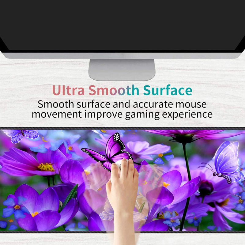 [Australia - AusPower] - Luasao Desk Pad Mat Gaming Mouse Pads with Coasters, Stitched Edges Design Mouse Pad XXL Large Mouse Pad for Laptop Computers Purple Flowers and Butterflies Desk Writing Mat for Office & Home 