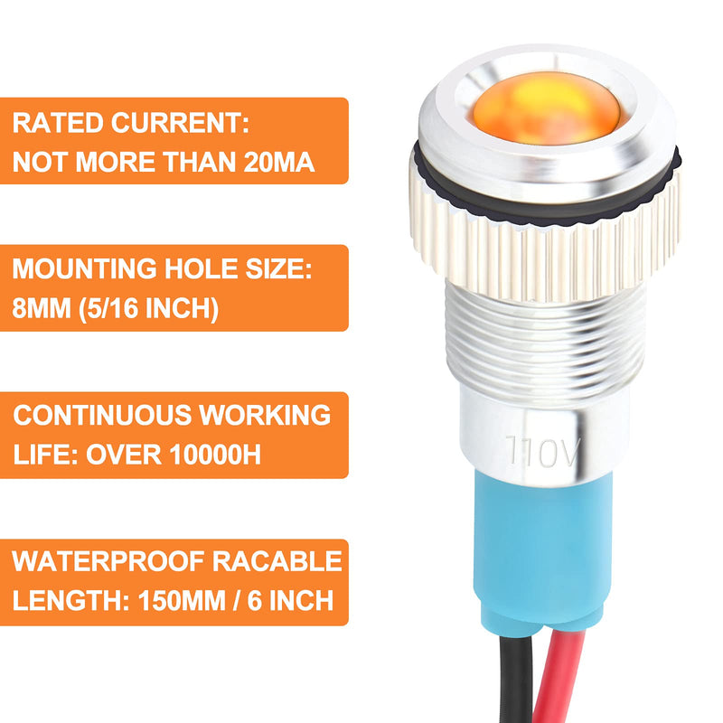 [Australia - AusPower] - GASHER 12V/24V/110V 20mA Energy Saving Indicator Light Mounting Hole Size 8mm(5/16inch) Green Yellow Red Blue White 5 PCS 8MM（12V） 
