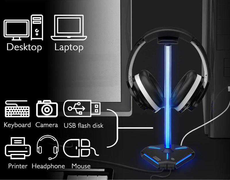 [Australia - AusPower] - COZOO RGB Headphone Stand with 2 USB2.0 Extension Charging Port Extender Cord,Headset Stand Holder for Gamer Desktop Table Game Earphone Accessories 