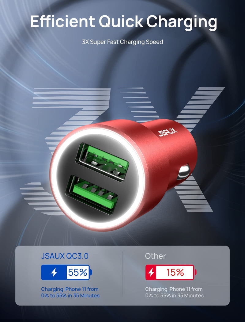 [Australia - AusPower] - Car Charger, JSAUX Dual QC 3.0 USB Ports 36W/6A Fast Car Charge Adapter Metal Cigarette Lighter USB Charger Compatible with iPhone 11/pro/pro max/x/xr/8,Samsung Galaxy S20/S10/S9,Note 10/9,iPad-Red Red 