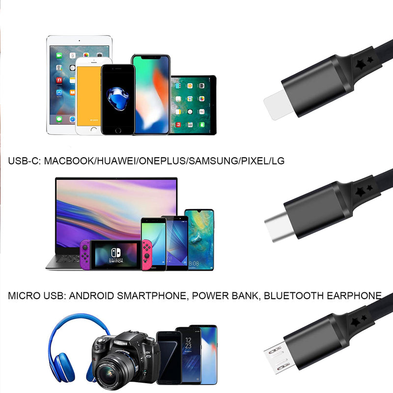 [Australia - AusPower] - 2 Pack 3 in 1 Multi USB Retractable Charger Cable,3A Multiple Charging Cord Adapter with IP/USB-C/Micro-USB Port Adapter, Compatible with Phone/Tablet/Samsung Galaxy/Google Pixel/Sony/LG/Huawei 