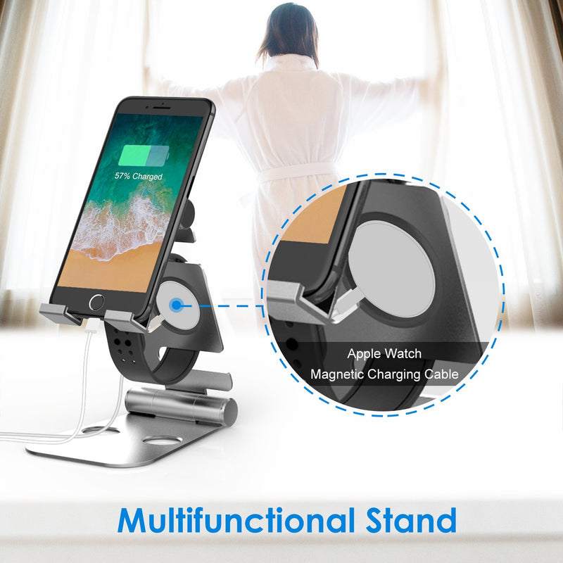 [Australia - AusPower] - JETech 2-in-1 Aluminum Stand Compatible with Smartphones and Apple Watch, Foldable Holder, Multi-Angle Desktop Cradle, Adjustable Charging Dock - Silver 