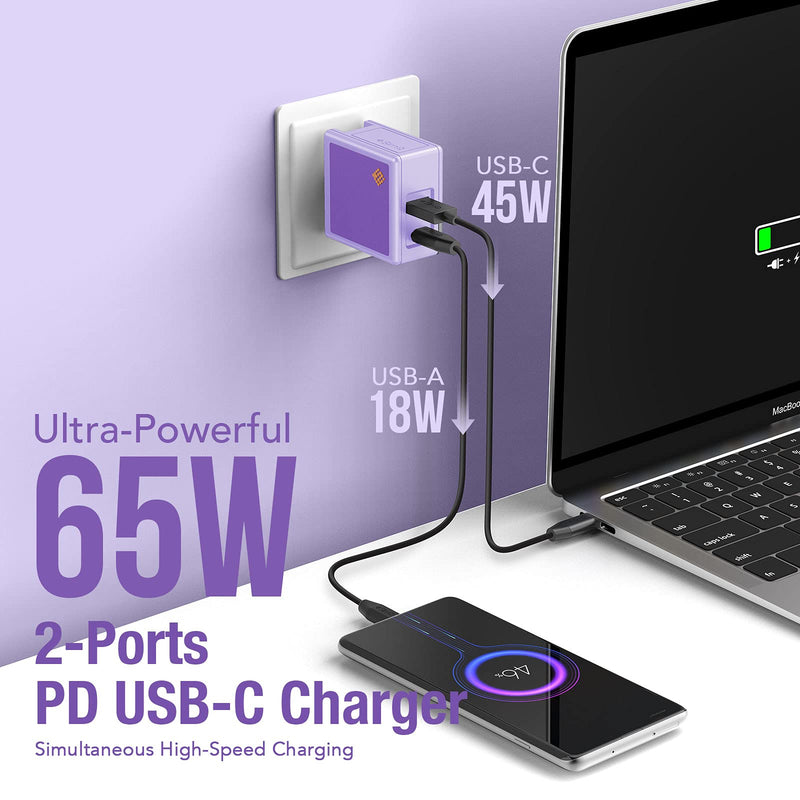 [Australia - AusPower] - SlimQ 65W GaN Charger [USB C+USB A] 2 Ports Wall Charger,Compatible with MacBook Pro/iPhone 13/12/11 /Pro Max, XS/XR/X, iPad Pro/Air, iPhone, Surface, Type C Laptop (Purple) Purple 