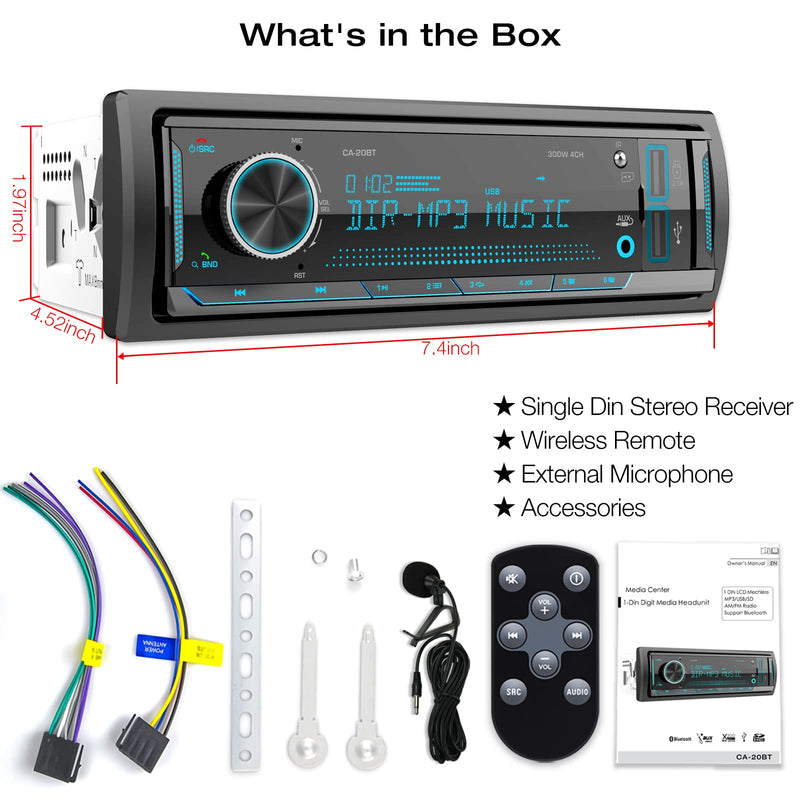 [Australia - AusPower] - Single Din Stereo Marine Radio: Bluetooth Car Audio Receivers with Digital LCD Display | FM AM Car Radio | USB/SD/AUX/MP3 Player | 2.1A Quick Charge | APP Remote 