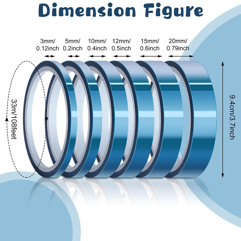 [Australia - AusPower] - 6 Rolls 33 m/ 108 ft High Temperature Tape Heat Vinyl Press Tape Heat Resistant Sublimation Tape 3D Printing Heat Tape for Heat Transfer Electronics Masking (3 mm, 5 mm, 10 mm, 12 mm, 15 mm, 20 mm) 3 mm, 5 mm, 10 mm, 12 mm, 15 mm, 20 mm 