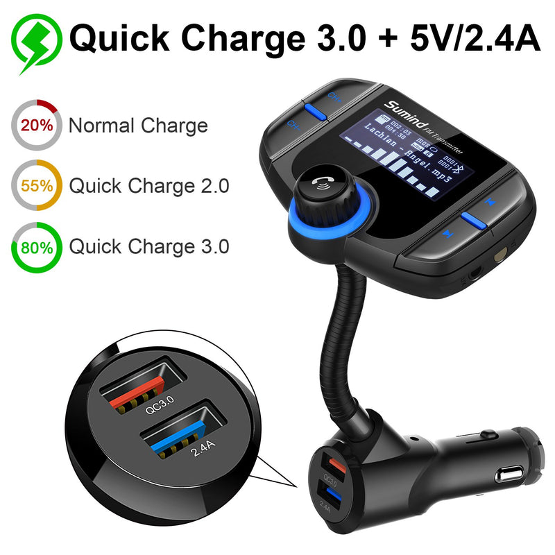 [Australia - AusPower] - (Upgraded Version) Bluetooth FM Transmitter, Sumind Wireless Radio Adapter Hands-Free Car Kit with 1.7 Inch Display, QC3.0 and Smart 2.4A Dual USB Ports, AUX Input/Output, TF Card Mp3 Player Black 