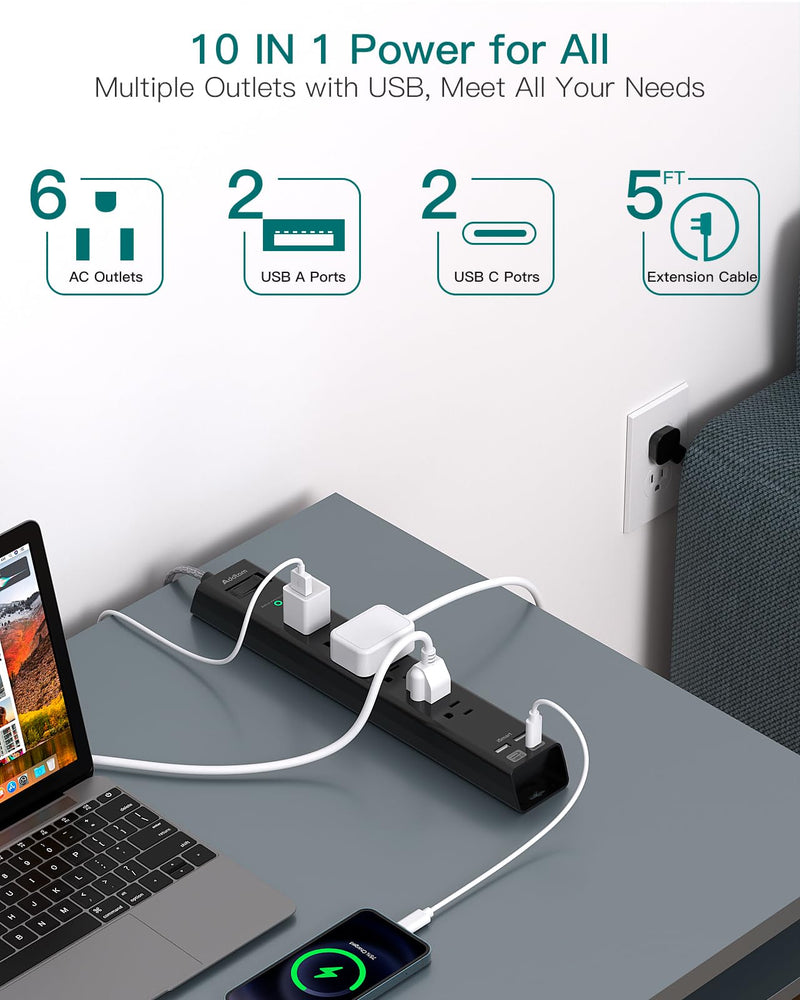 [Australia - AusPower] - Surge Protector Power Strip - Extension Cord with 6 AC Outlets 4 USB (2 USB-C Ports), Flat Plug with Overload Surge Protection, Wall Mount, 5ft, Outlet Extender for Home Office Dorm Room Essentials Ultra Thin Plug 