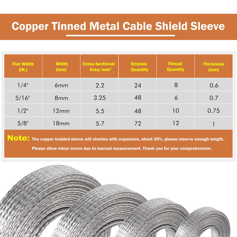 [Australia - AusPower] - FOURUB Expandable Mesh Braided Wires Grounding Straps Shielding Audio Cables emf/rfi Interference,Tinned Copper Braided Sleeves for Cover Wire (1/2"-12FT) 