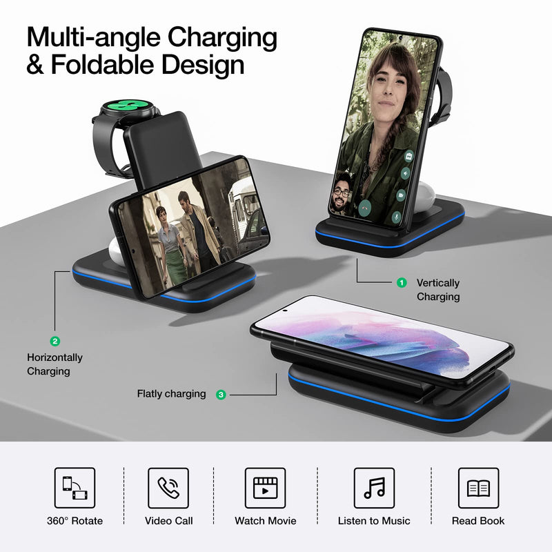 [Australia - AusPower] - Wireless Charging Station for Samsung, 3 in 1 Qi-Certified Foldable Charger/Stand for Samsung Galaxy S22/S21/S20/Note20/10, Galaxy Watch4/Classic/3/1/Active 2/1, Buds+/Live with Adapter (Black) Black 