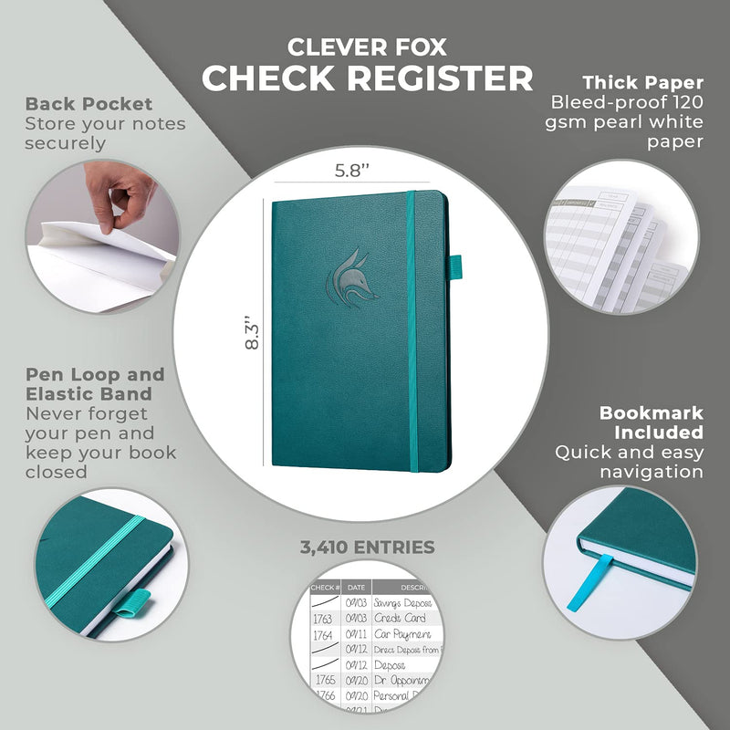 [Australia - AusPower] - Clever Fox Check Register – Deluxe Checkbook Log with Check & Transaction Registers, Bank Account Register Booklets for Personal and Work Use, A5 Hardcover - Dark Teal A5 (5.8'' x 8.3'') 