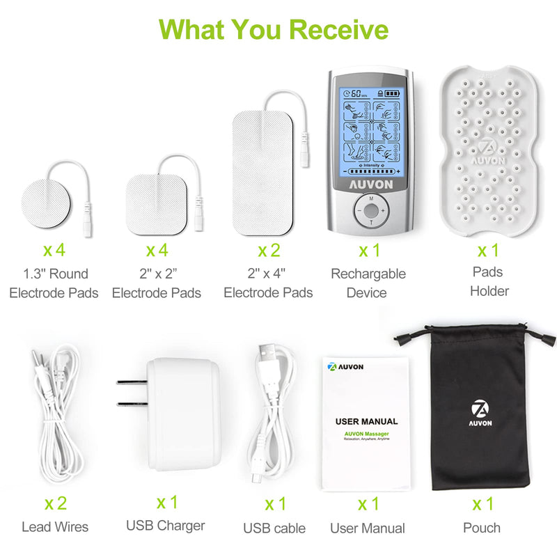 [Australia - AusPower] - AUVON 24 Modes Rechargeable TENS Unit, 4th Gen Muscle Stimulator with 10pcs TENS Machine Electrodes for Pain Relief Therapy & Management 