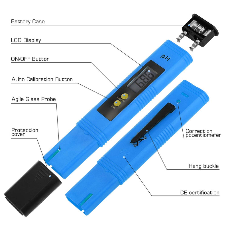 [Australia - AusPower] - PH Meter for Water Hydroponics Digital PH Tester Pen 0.01 High Accuracy Pocket Size with 0-14 PH Measurement Range for Household Drinking, Pool and Aquarium (Blue) Blue 