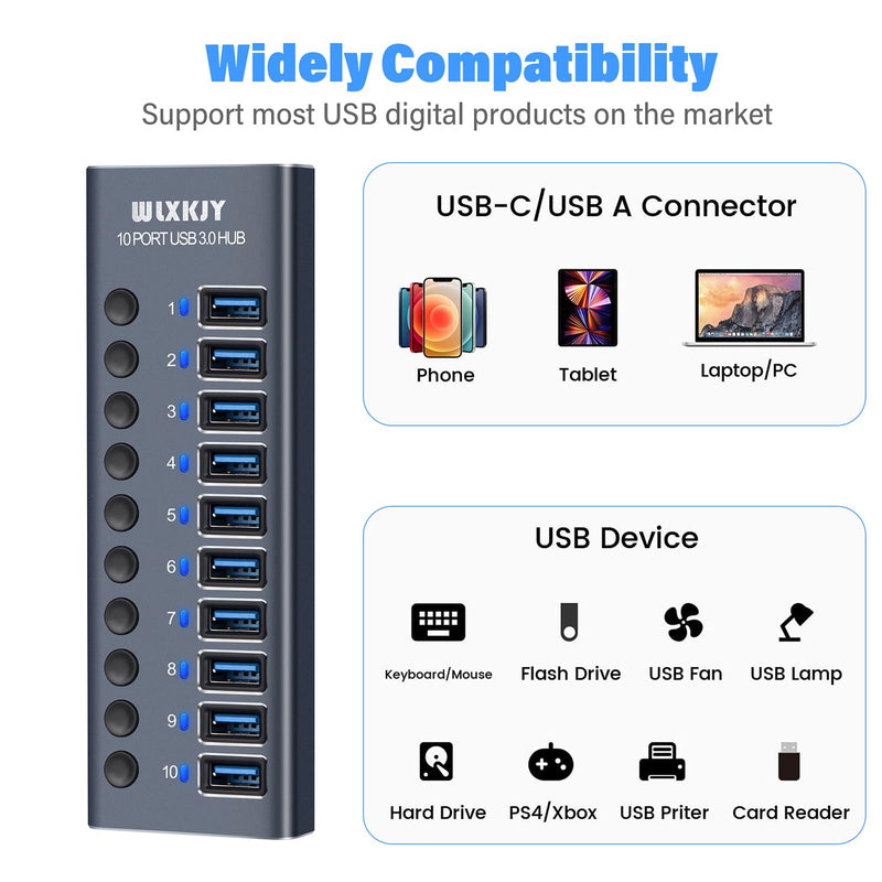 [Australia - AusPower] - Active USB Hub, WLXKJY Aluminum 10-Port USB 3.0 Hub with 10 USB 3.0 Data Transfer Ports, USB Splitter with Individual Switch and 60W (12V/5A) Power Adapter 