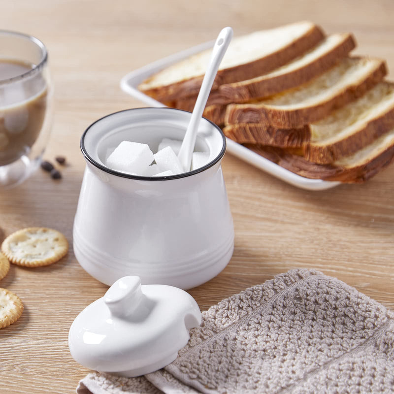 [Australia - AusPower] - Farmhouse Sugar Bowl with Lid and Spoon, DAYYET 12 oz Ceramic Sugar Bowl with Spoon, Sugar Container for Coffee Bar, Sugar Jar Sugar Dispenser Bowl, Modern Farmhouse Kitchen Decor, White 