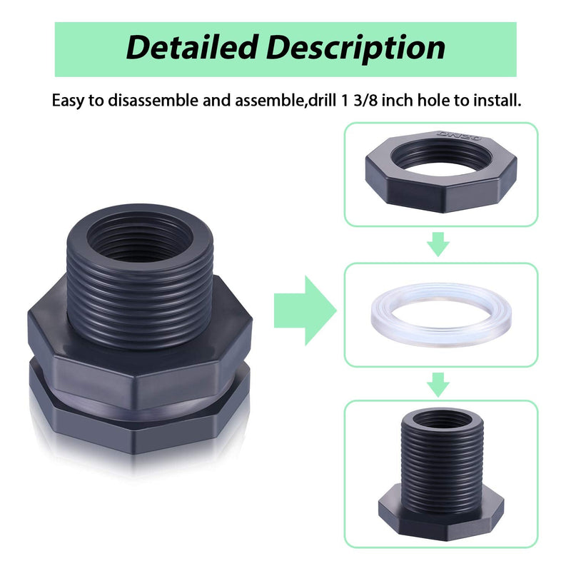 [Australia - AusPower] - 2 Pieces PVC Bulkhead Fitting for Rain Barrels, Aquariums, Water Tanks (3/4 Inch) 3/4 Inch 